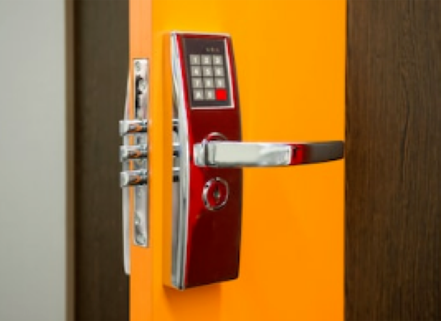 Keypad entry lock installed on a commercial office door